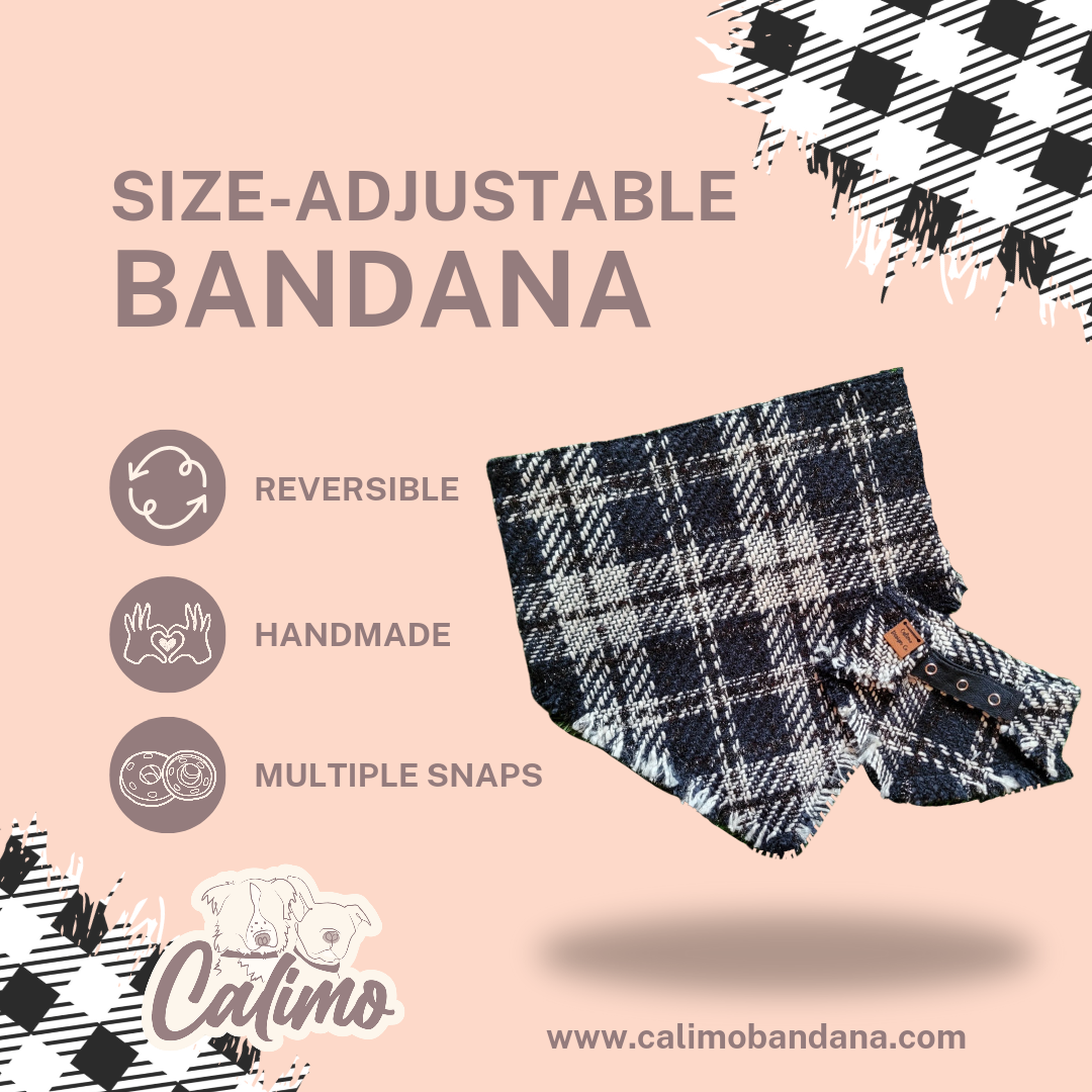 Black and White Plaid Fray Snap On Pet Bandana