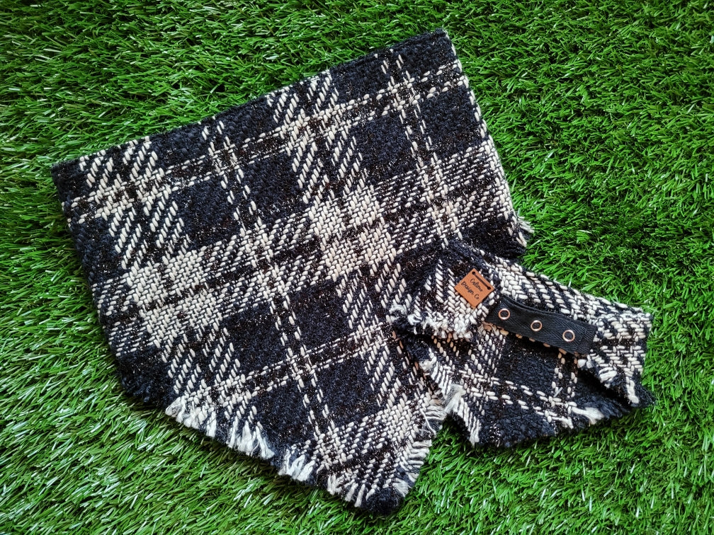 Black and White Plaid Fray Snap On Pet Bandana