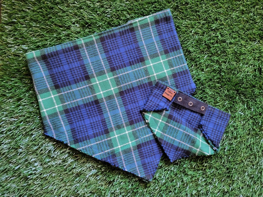 Blue & Green Plaid Fray Snap On Pet Bandana