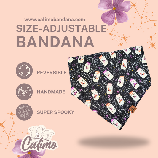 A black reversible pet bandana with a pattern of stars, spiders, and flowers on one side, and a purple pebbled print on the other, displayed with a floral background.